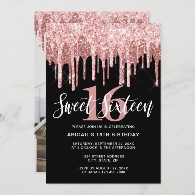 Elegant ro guld glitter droppar sweet sixteen  inbjudningar (Fram/baksida)