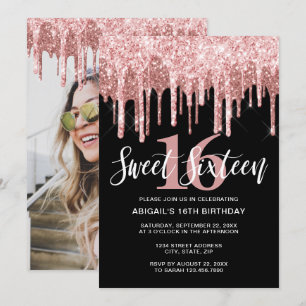 Elegant ro guld glitter droppar sweet sixteen inbjudningar