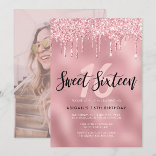Elegant ro guld glitter droppar sweet sixteen inbjudningar