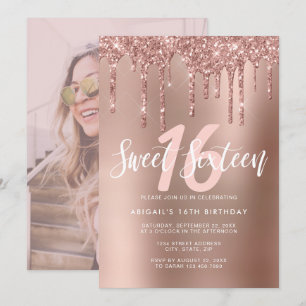 Elegant ro guld glitter droppar sweet sixteen inbjudningar