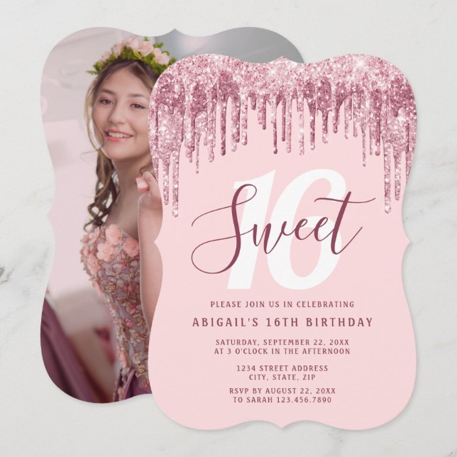 Elegant ro guld glitter droppar sweet sixteen  inbjudningar (Fram/baksida)