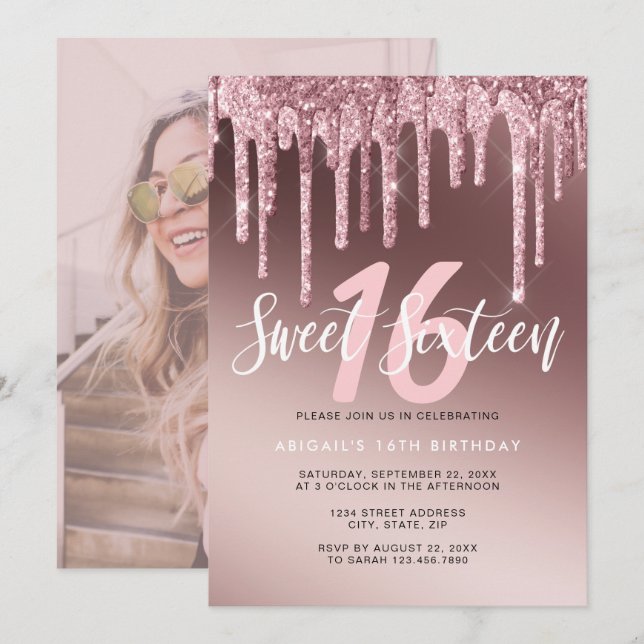Elegant ro guld glitter droppar sweet sixteen inbjudningar (Fram/baksida)