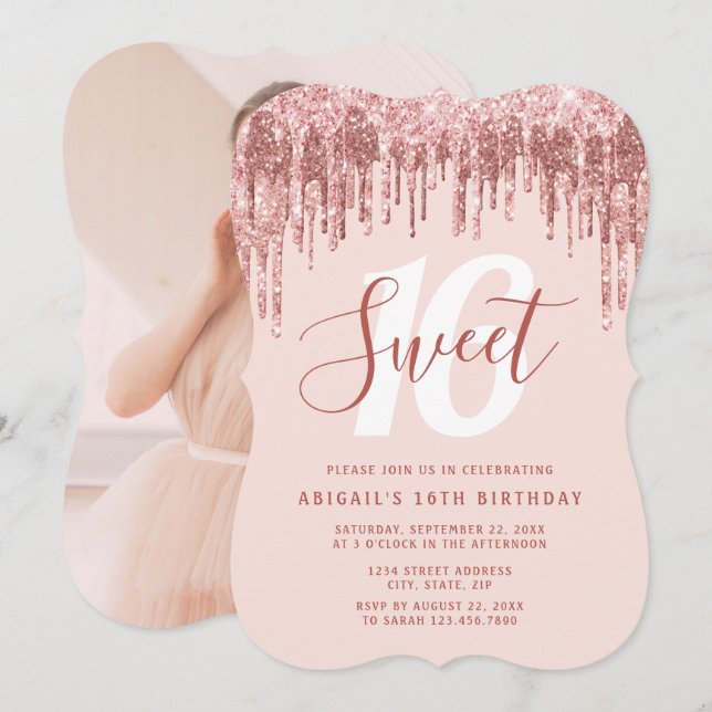 Elegant ro guld glitter droppar sweet sixteen  inbjudningar (Fram/baksida)