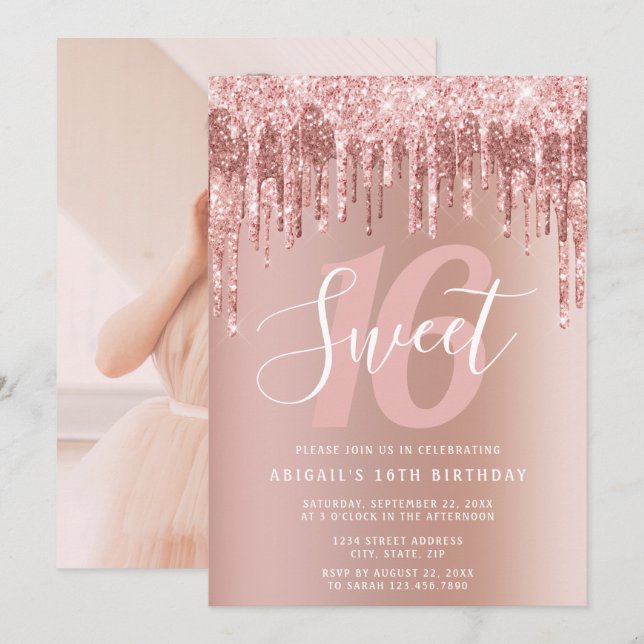 Elegant ro guld glitter droppar sweet sixteen inbjudningar (Fram/baksida)
