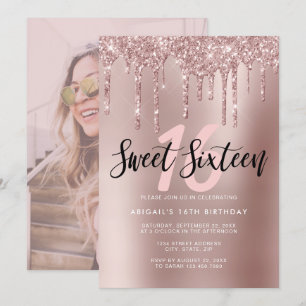 Elegant ro guld glitter droppar sweet sixteen inbjudningar