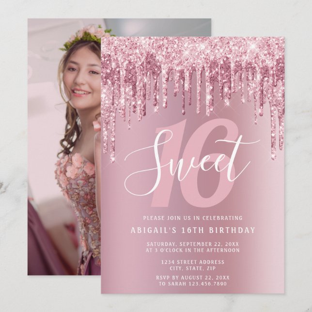 Elegant ro guld glitter droppar sweet sixteen inbjudningar (Fram/baksida)