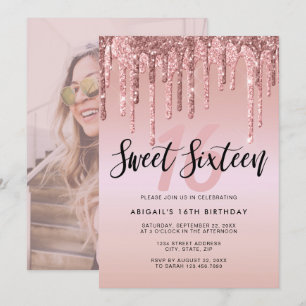 Elegant ro guld glitter droppar sweet sixteen inbjudningar