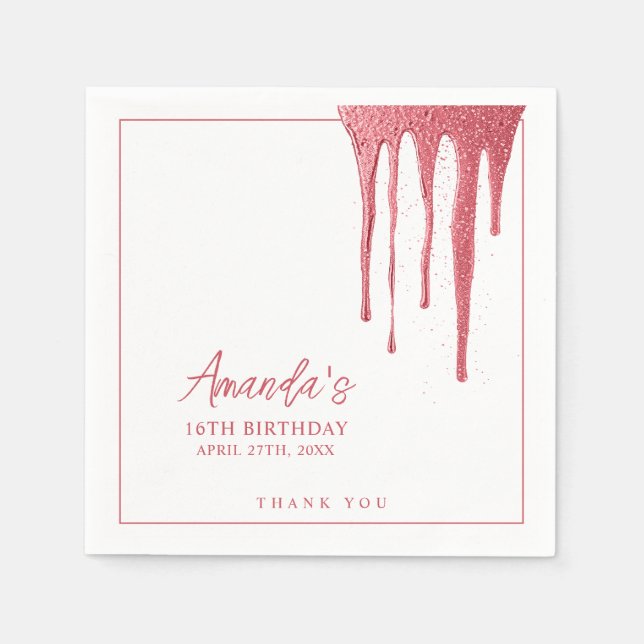 Elegant Ro Guld Glitter, droppsvett 16 födelsedag Pappersservett (Framsidan)