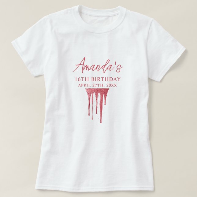 Elegant Ro Guld Glitter, droppsvett 16 födelsedag T Shirt (Design framsida)