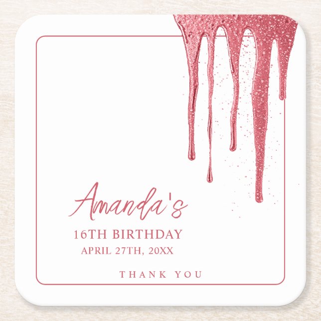 Elegant Ro Guld Glitter, droppsvett 16 födelsedag Underlägg Papper Kvadrat (Framsidan)