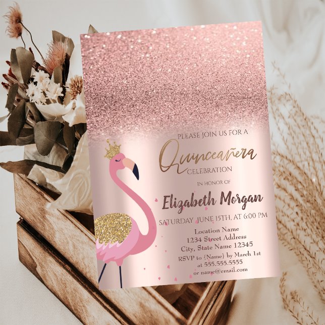 Elegant Ro Guld Glitter, Flamingo Quinceañera i Inbjudningar (Skapare uppladdad)