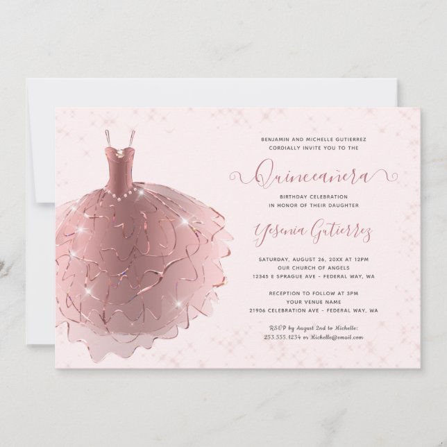 Elegant Ro Guld Glitter Quinceañera-dammen Inbjudningar (Framsida)