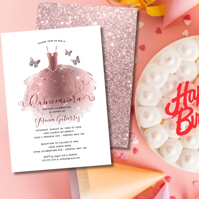 Elegant Ro Guld Glitter Quinceañera-dammen Inbjudningar (Elegant Rose Gold Glitter Quinceañera Dress Invitation
)