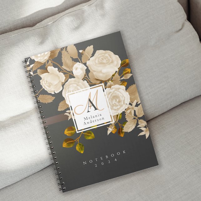 Elegant Ro Guld Grått Monogram Anteckningsbok (Romantic Elegant Rose Monogram Notebook.)