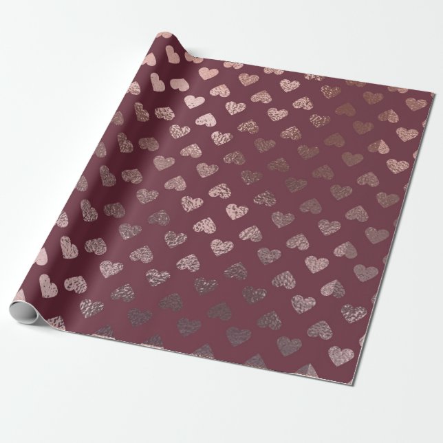 Elegant Ro Guld Heart Mönster på djup Burgundy Presentpapper (Utrullad)