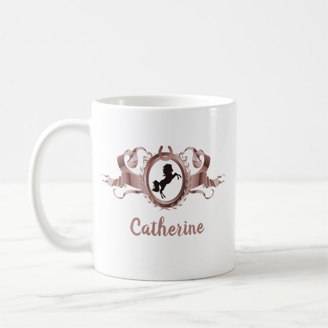 Elegant Ro Guld Horse Ribbon Vapensköld Namn Kaffemugg (Vänster)