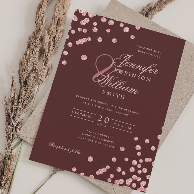 Elegant Ro Guld Konfetti QR Bröllop Burgundy Red Inbjudningar (Elegant Rose Gold Confetti QR Wedding Burgundy Red Invitation)