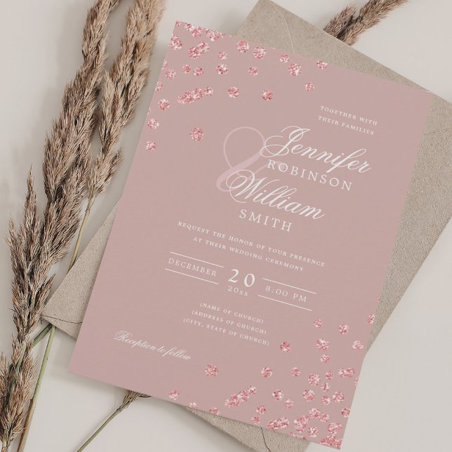 Elegant Ro Guld Konfetti QR Bröllop Dusty Ro Inbjudningar (Elegant Rose Gold Confetti QR Wedding Dusty Rose Invitation)