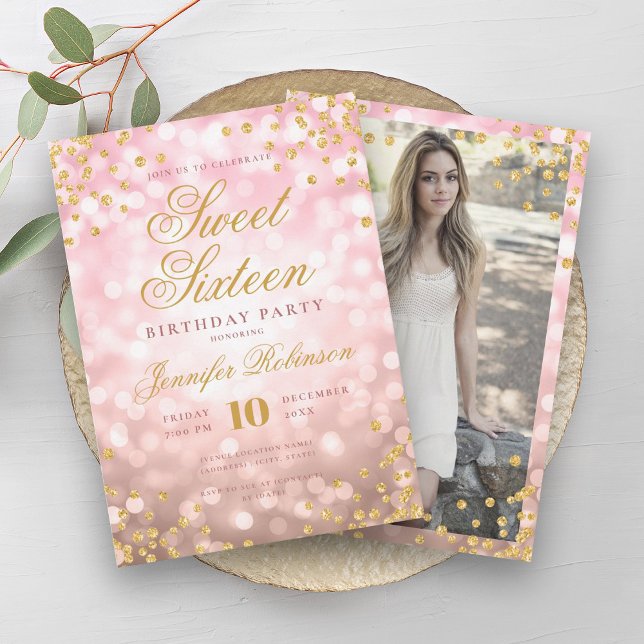 Elegant Ro Guld Ljus och Guld fotoSverige 16 Inbjudningar (Elegant Rose Gold Lights & Gold Photo Sweet 16 Invitation)
