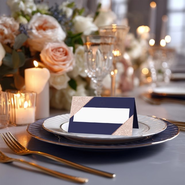 Elegant Ro Guld och marin Bat mitzvah Placeringskort (Elegant Rose Gold and Navy Bat Mitzvah Place Card)