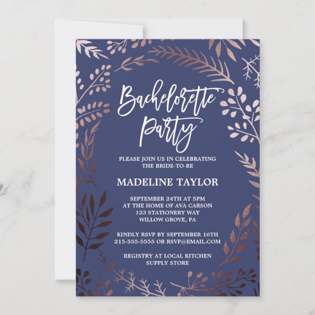 Elegant Ro Guld och Navy Bachelorette Party Inbjudningar (Framsida)