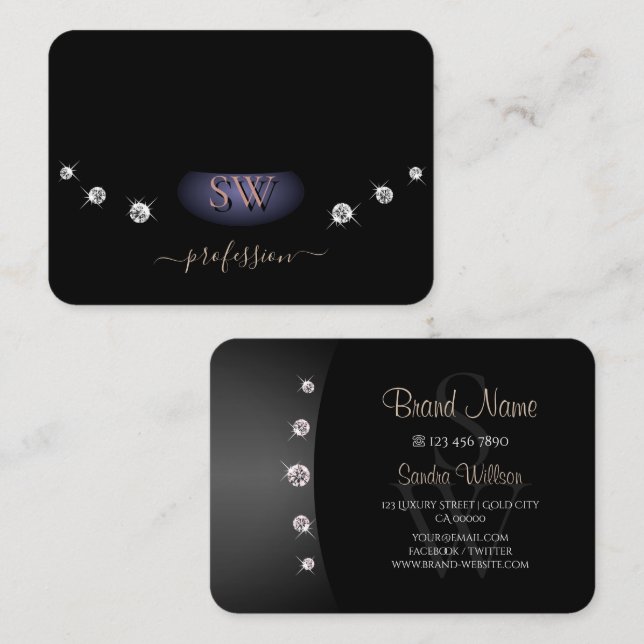 Elegant Ro Guld och Svarta Initialer Rhinestones Visitkort (Fram/baksida)