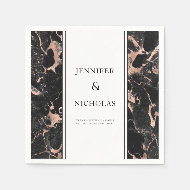 Elegant Ro Guld och Svarta Marble Bröllop Pappersservett (Framsidan)