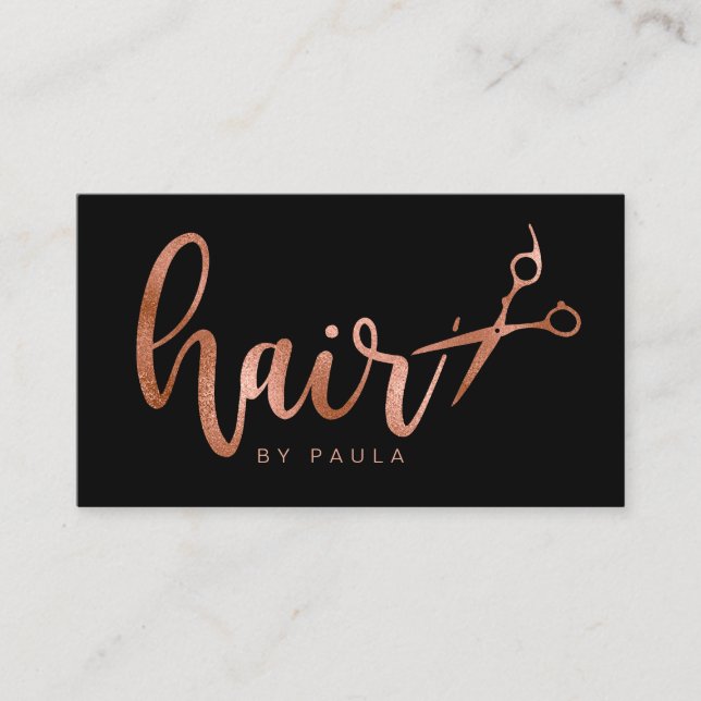 Elegant ro guld och svarta saxar frisör visitkort (Framsida)