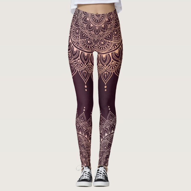 Elegant Ro Guld om Burgundy Blommigt Henna Mandala Leggings (Framsida)