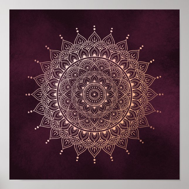 Elegant Ro Guld om Burgundy Blommigt Henna Mandala Poster (Framsidan)