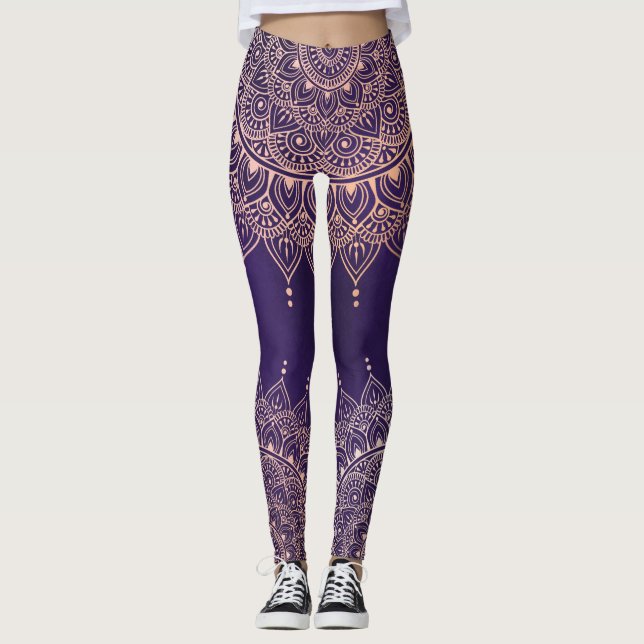 Elegant Ro Guld om Lila Blommigt Henna Mandala Leggings (Framsida)