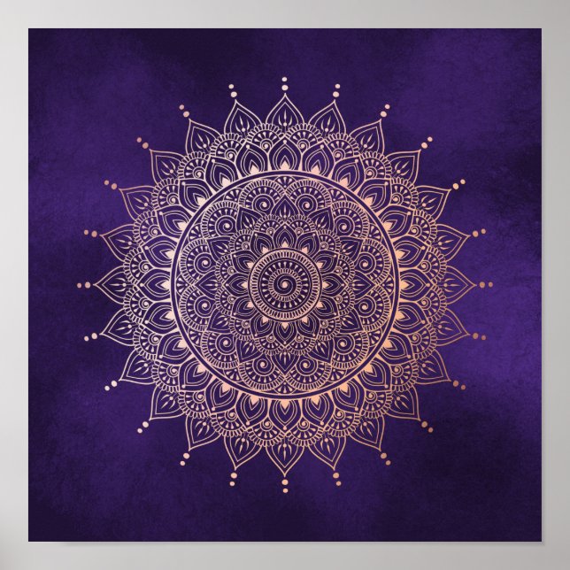 Elegant Ro Guld om Lila Blommigt Henna Mandala Poster (Framsidan)