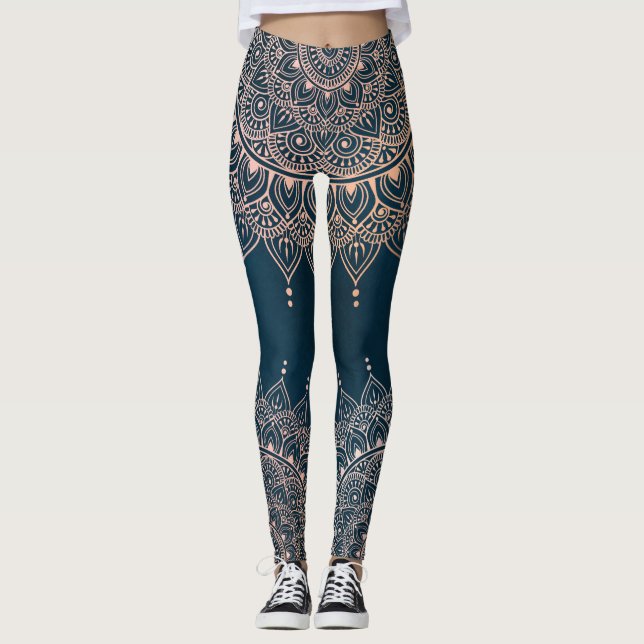Elegant Ro Guld om Teal Blommigt Henna Mandala Leggings (Framsida)