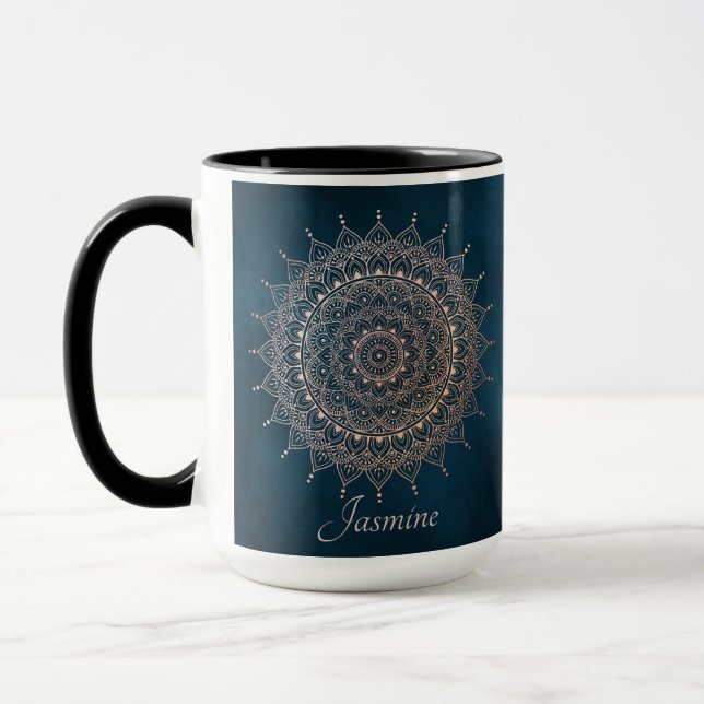 Elegant Ro Guld om Teal Blommigt Henna Mandala Mugg (Vänster)