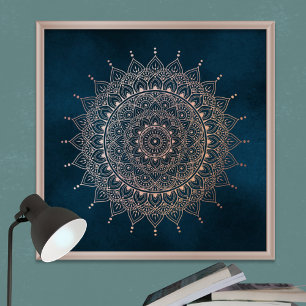 Elegant Ro Guld om Teal Blommigt Henna Mandala Poster