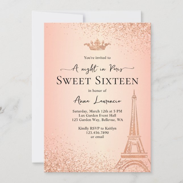 Elegant Ro Guld Paris Theme Sweet 16 Birthday Inbjudningar (Framsida)