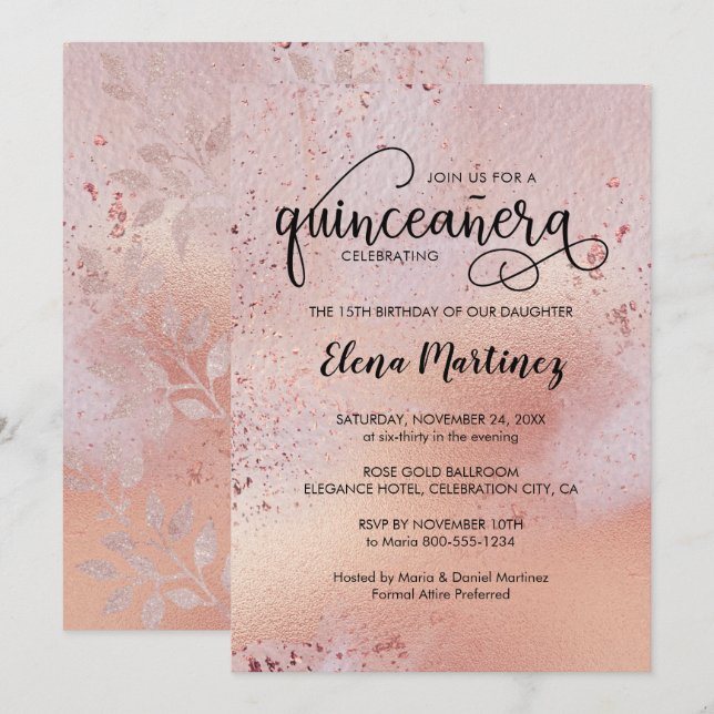 Elegant Ro Guld Quinceanera Sweet 15 Party Inbjudningar (Fram/baksida)