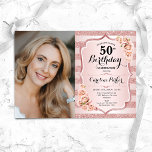 Elegant Ro Guld Rosa Foto 50:e födelsedagen Inbjudningar<br><div class="desc">Femininininbjudan till elegantens blommigt på 50 år med ditt foto. Glam rosa med Faux glitter ro guld. Funktioner rand, röd ros, typsnitt för skript och confietti. Perfekt för en snyggt vuxen under firande party. Anpassa med dina egna detaljer. Kan anpassas för vilken ålder som helst! Skrivna Zazzle-inbjudningar eller digital utskrivbar...</div>