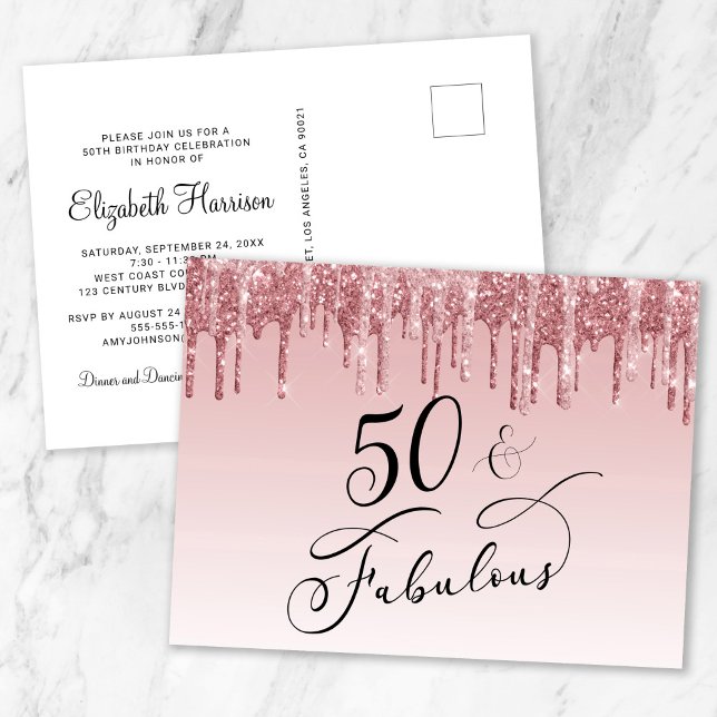 Elegant Ro Guld Rosa Glitter 50 Födelsedagsfesten Inbjudan Vykort (Skapare uppladdad)
