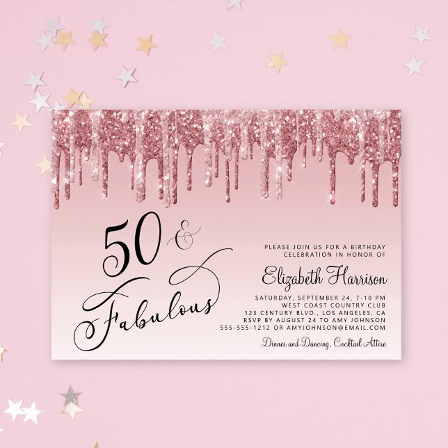 Elegant Ro Guld Rosa Glitter 50 Födelsedagsfesten Inbjudningar (Celebrate her 50 years of sparkle with an elegant pink glitter birthday party invitation  🎉 🎂 🥂)