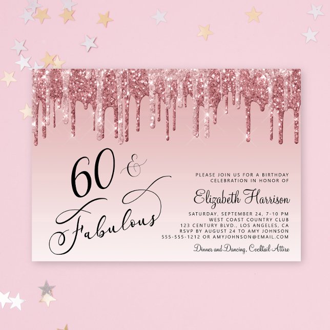 Elegant Ro Guld Rosa Glitter 60:e Födelsedagsfeste Inbjudningar (Celebrate her 50 years of sparkle with an elegant pink glitter birthday party invitation  🎉 🎂 🥂)