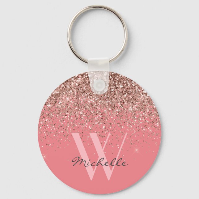Elegant Ro Guld Rosa Glitter Monogram Namn Nyckelring (Framsida)