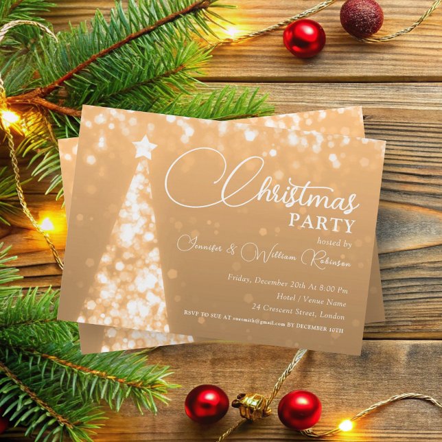 Elegant Ro Guld Shimming Julafton Träd Helgdag Inbjudningar (Elegant Rose Gold Shimmering Xmas Tree Holiday Invitation)