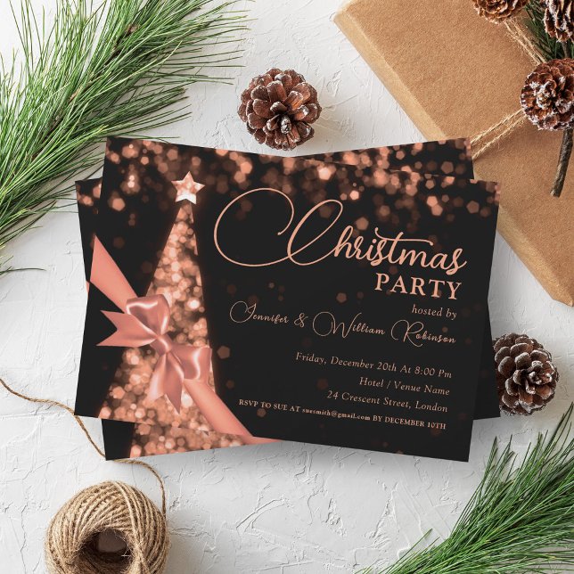 Elegant Ro Guld Shimming Julafton Träd Helgdag Inbjudningar (Elegant Rose Gold Shimmering Xmas Tree Holiday Invitation)