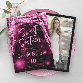 Elegant Ro Guld String Ljus Photo Sweet 16 Inbjudningar
