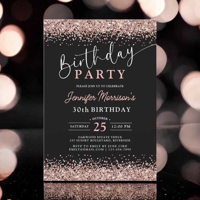 Elegant Ro Guld Svarta Glitter 30års födelsedag Inbjudningar (Skapare uppladdad)