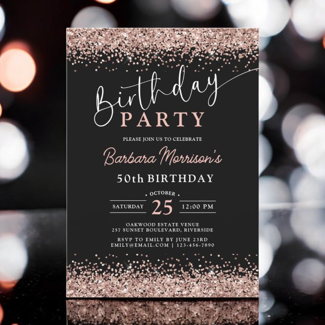 Elegant Ro Guld Svarta Glitter 50:e födelsedagen Inbjudningar (Skapare uppladdad)