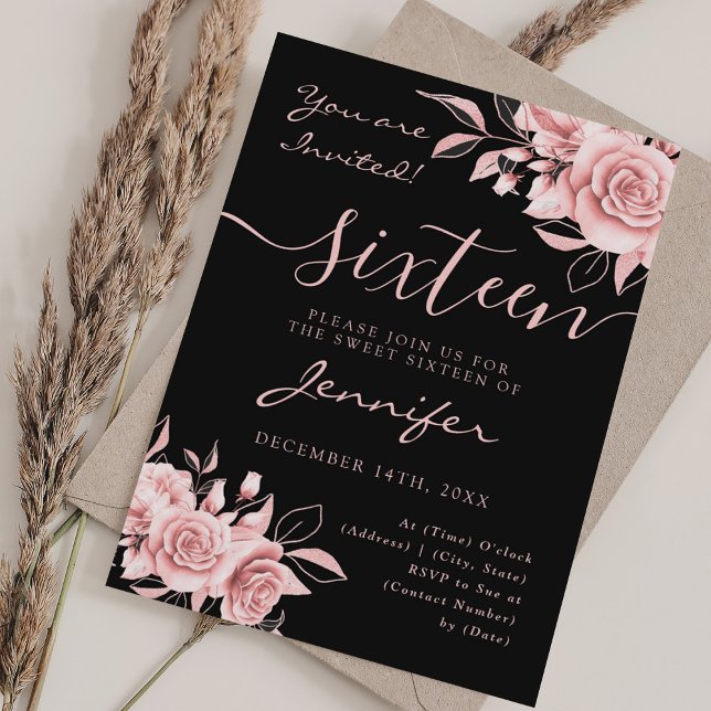 Elegant Ro Guld Sweet 16 Glitter Blommigt Black Inbjudningar (Elegant Rose Gold Sweet 16 Glitter Floral Black Invitation)