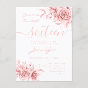 Elegant Ro Guld Sweet 16 Glitter Blommigt inbjudet Meddelande Vykort