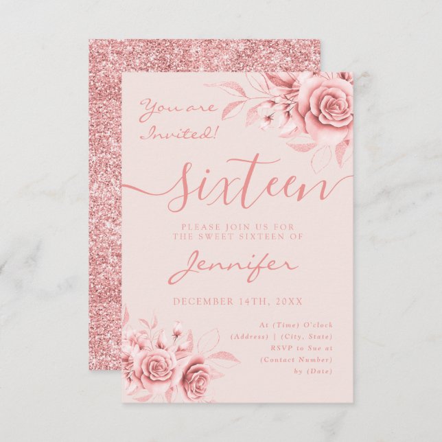 Elegant Ro Guld Sweet 16 Glitter Blommigt   OSA Kort (Fram/baksida)